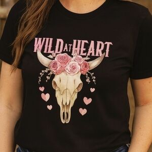 Wild at Heart Western Cowgirl Tee • Floral Cow Skull Graphic Shirt • Country